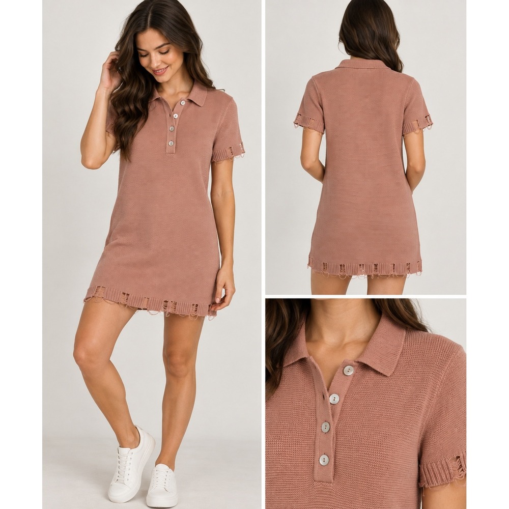 Promesa Women Pink‎ Distressed Knit Polo Mini Dress Short Sleeve Size Small